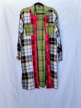 Multi-Color Plaid Trench Coat - Red & Green Plaid